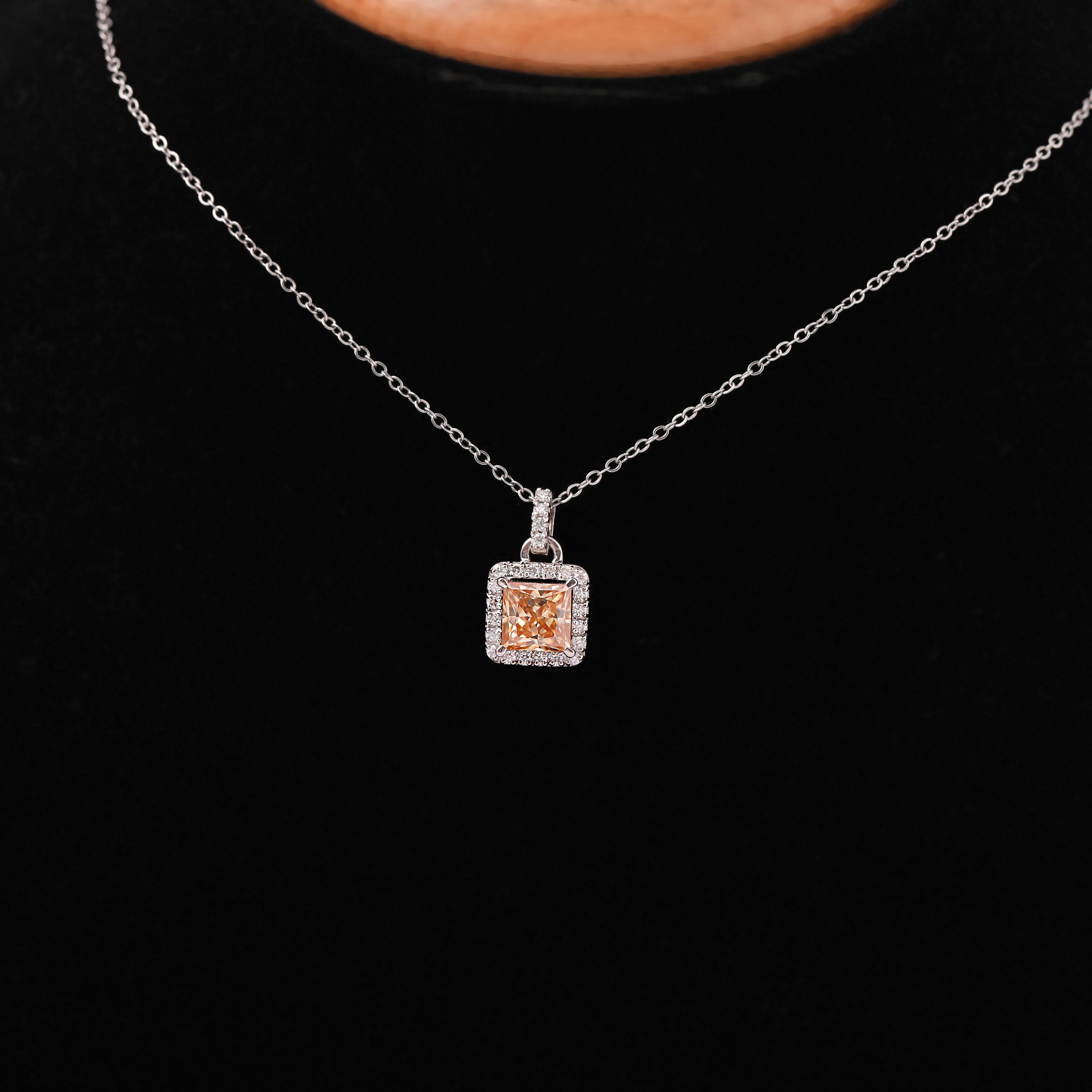 Yellow Square Radiant Cut Lab Grown Diamond Halo Pendant Necklace
