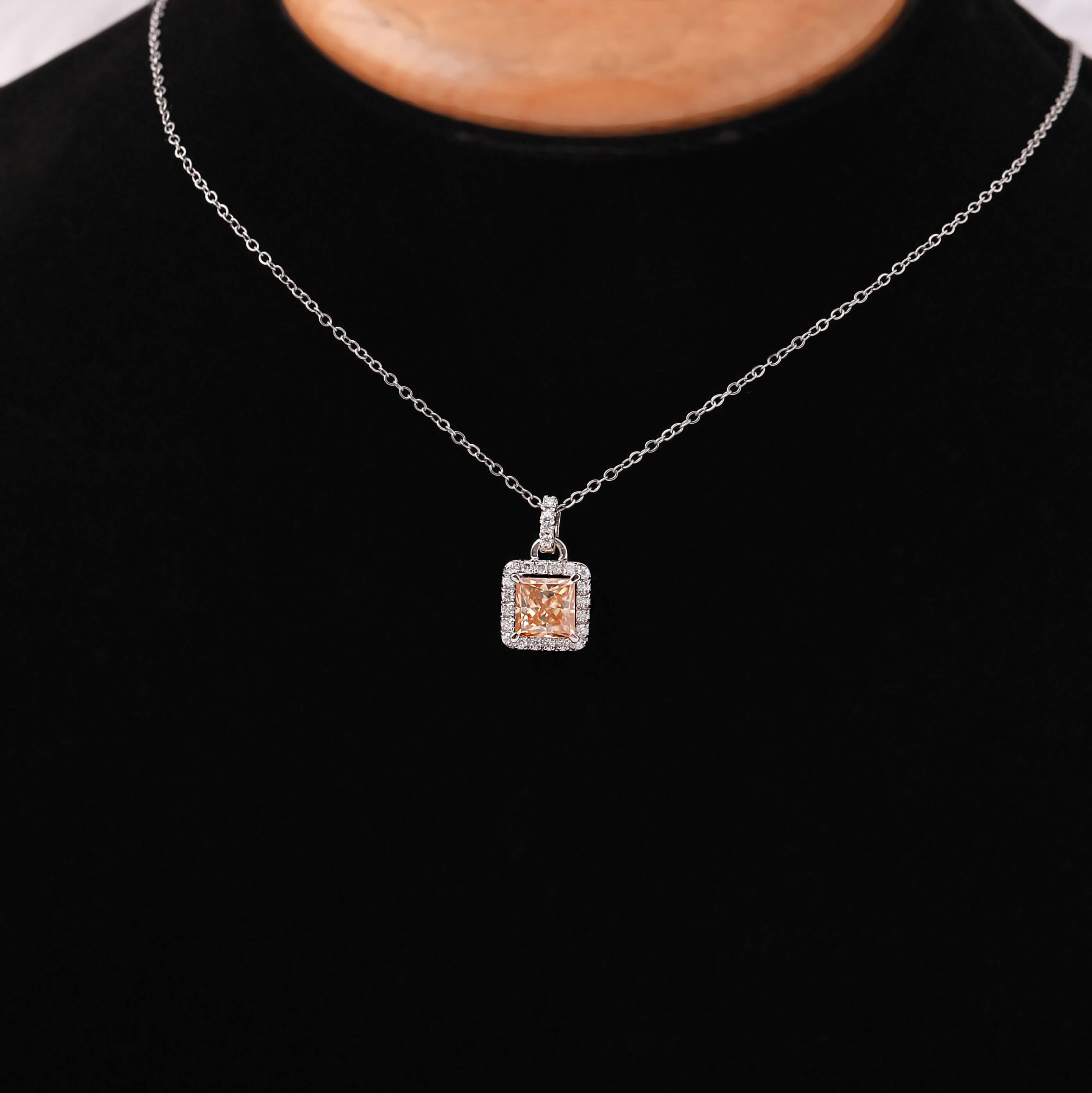 Yellow Square Radiant Cut Lab Grown Diamond Halo Pendant Necklace